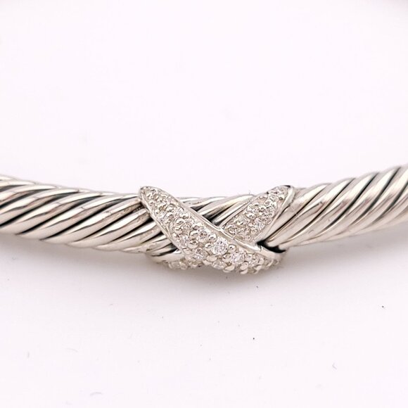 DAVID YURMAN Sterling Silver 4mm Classic Cable X Diamonds Bangle Bracelet LARGE - Picture 5 of 11